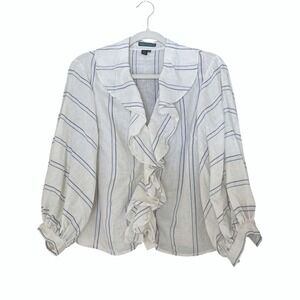 Lauren Ralph Lauren Linen Ruffle Blouse Ivory Blue Stripe Lantern Sleeve Women M